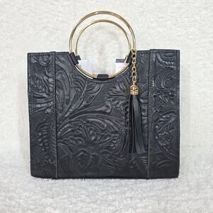 Mexican Black Tooled Leather Handbag with Gold Tone Ring Handles